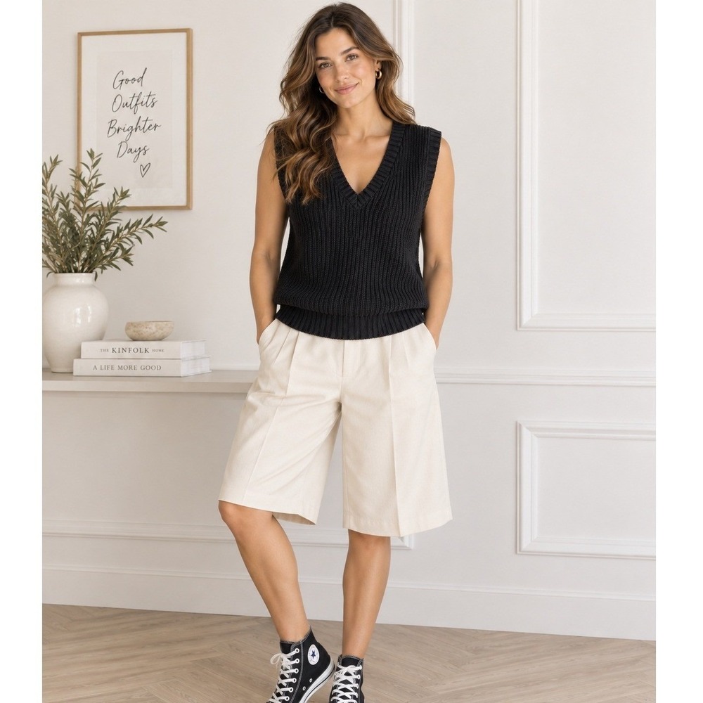 Rachel Zoe Black Sleeveless Sweater Vest Size L Chunky Knit V-Neck Cotton Blend